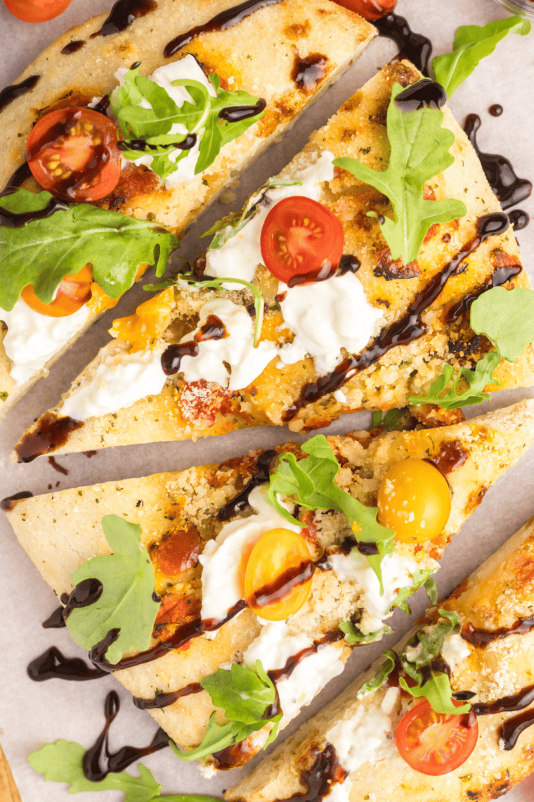 Air Fryer Trader Joe’s burrata focaccia with crispy crust and creamy melted burrata on top