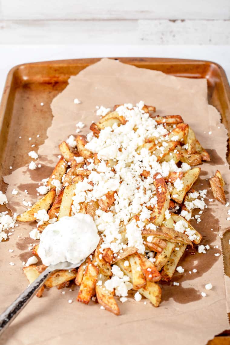 A vibrant plate of Air Fryer Truffle Fries alongside a small dish of garlic aioli for dipping.