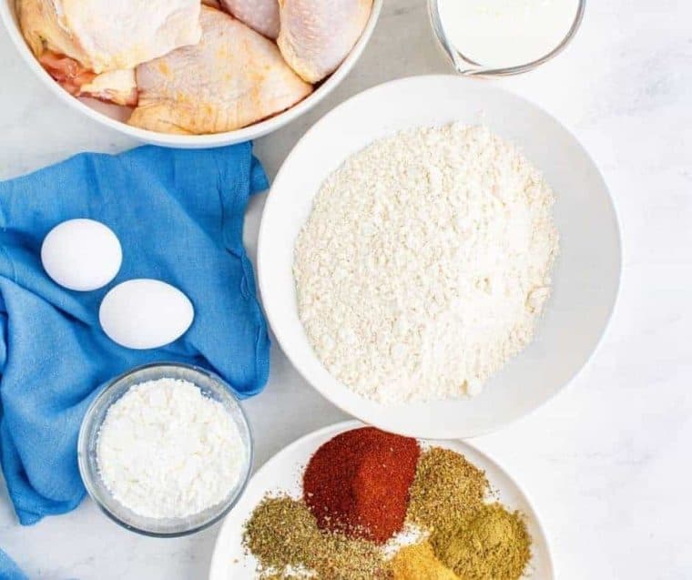 Top view of ingredients needed for KFC copycat recipe.