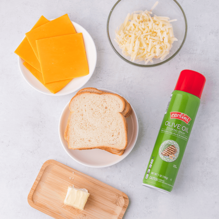 Ingredients Needed For Air Fryer Hash Brown Grilled Cheese on kitchen table.