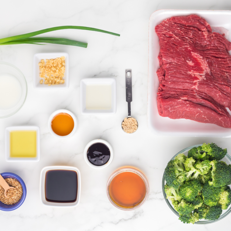 Ingredients needed for Easy Blackstone Beef and Broccoli on kitchen table.