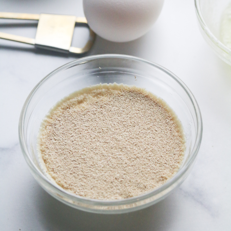 Yeast starter blooming with foam after activating yeast in warm water and sugar