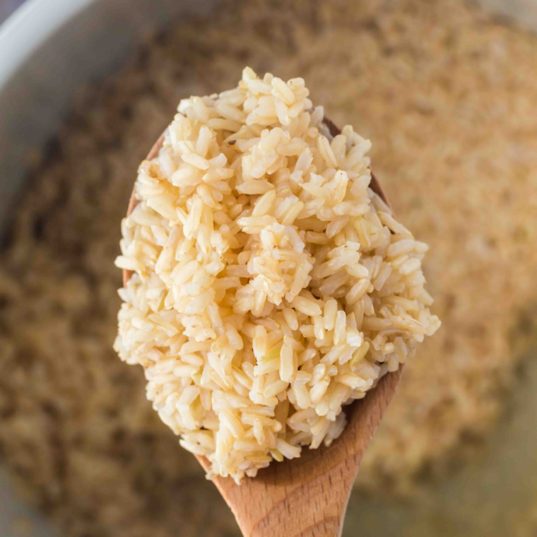 Fluffy brown rice cooked in the Ninja Foodi, ready to serve.