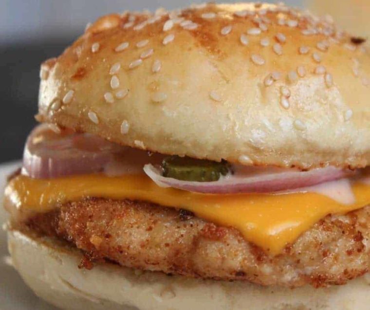 Close up of chicken burger air fryer recipe.
