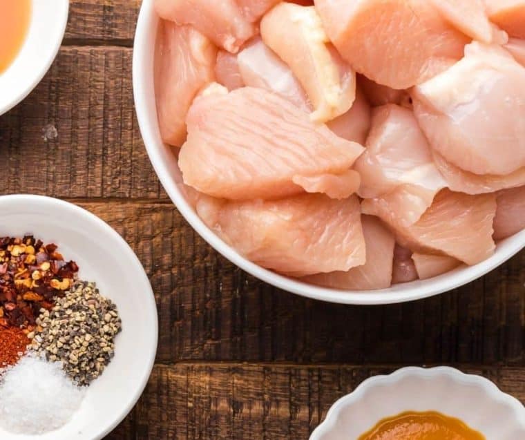 Top view of ingredients needed for cubed chicken in air fryer.