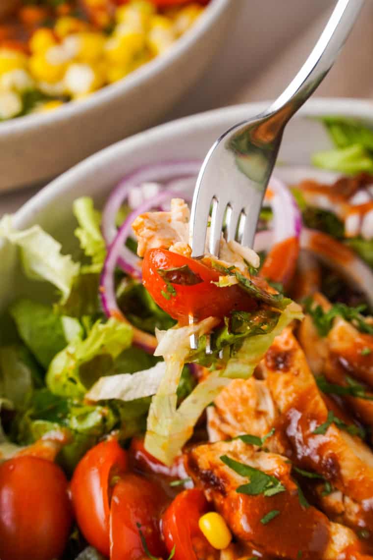 "Close-up of Air Fryer BBQ Chicken Salad showcasing juicy chicken and greens"