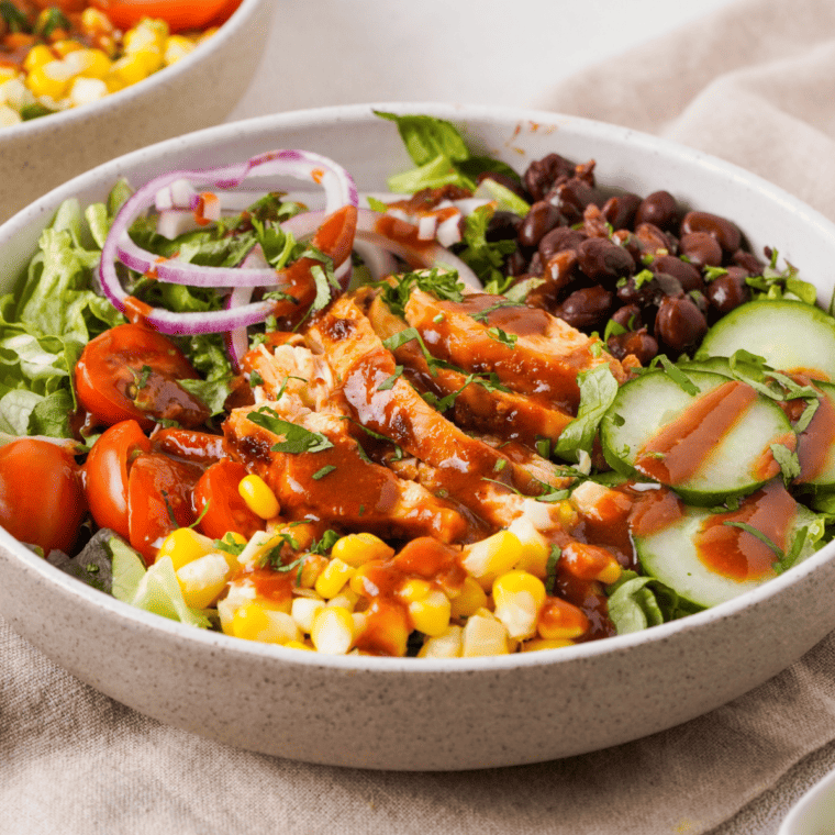 Healthy Air Fryer BBQ Chicken Salad featuring fresh vegetables and crispy chicken