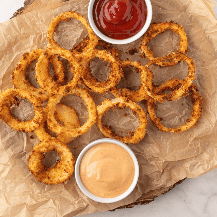 Golden and crispy Air Fryer Beer Battered Onion Rings served on a plate.