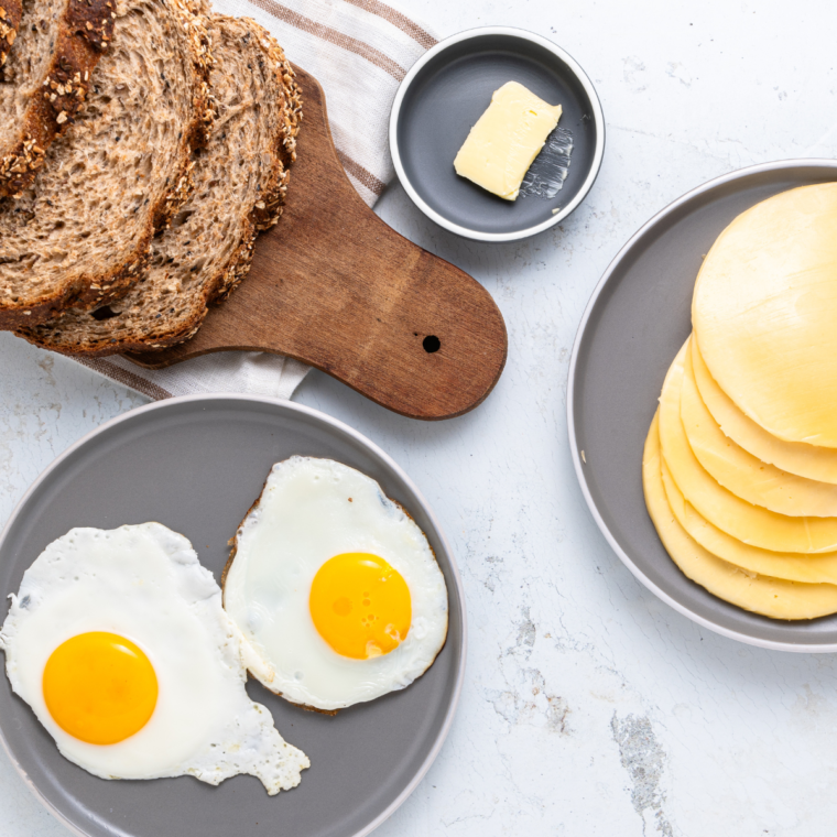 Ingredients needed for Easy Air Fryer Breakfast Grilled Cheese on kitchen table.