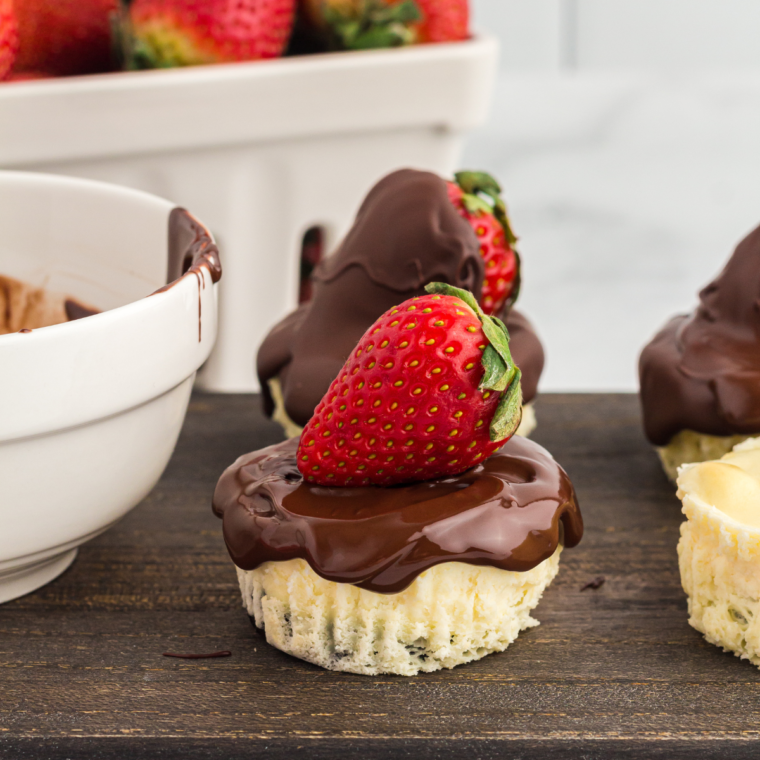Mini chocolate cheesecakes each crowned with a glossy chocolate-covered strawberry