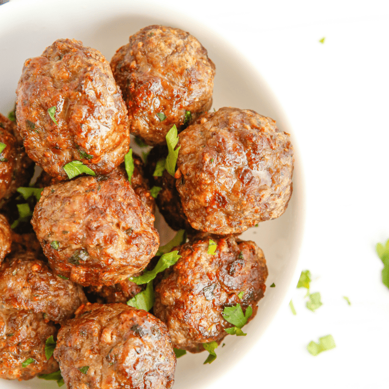 Close-up of crispy lamb meatballs cooked in an air fryer"