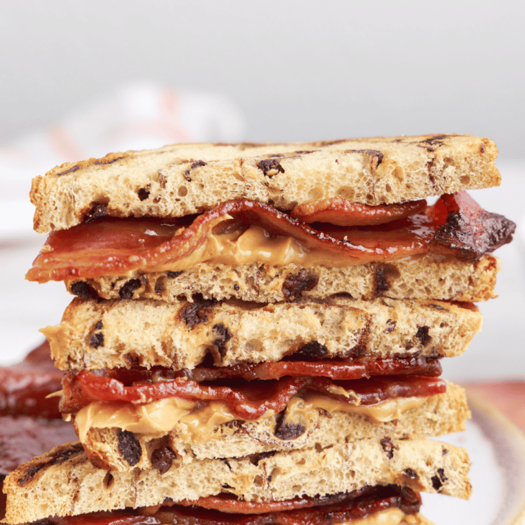 Air Fryer Peanut Butter and Bacon Sandwich with crispy bacon and creamy peanut butter, perfectly toasted for a savory and sweet treat.