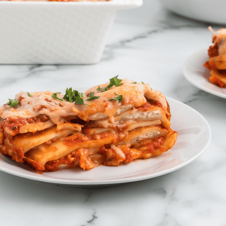 Crispy Air Fryer Ravioli Lasagna with layers of cheese and sauce.