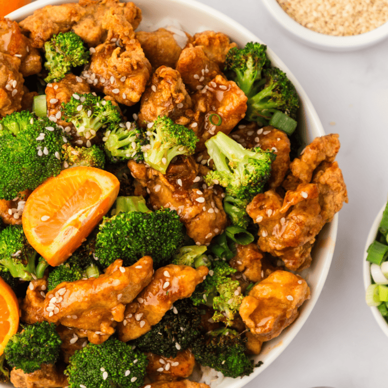  air fryer trader joes orange chicken with broccoli and sauce