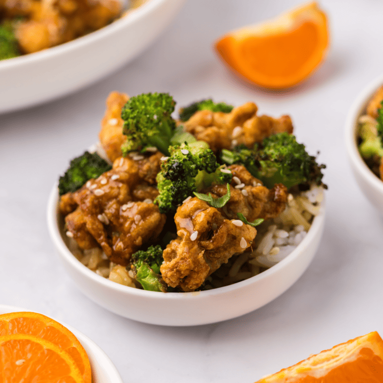 air fryer orange chicken served with tender broccoli florets