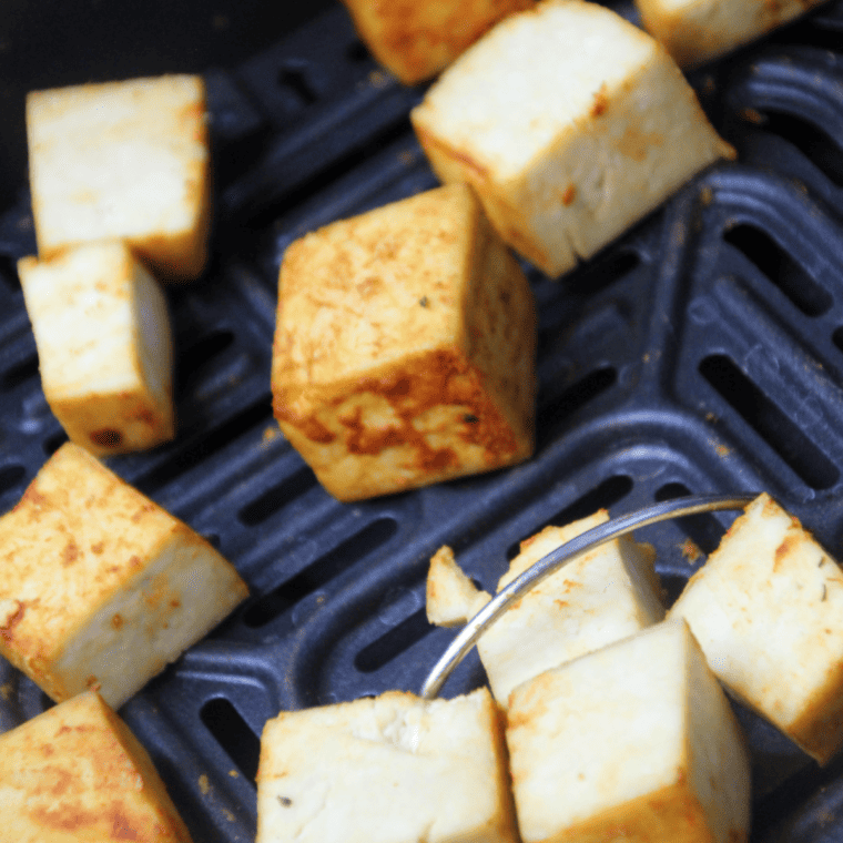 Golden brown and crispy Trader Joe’s Sriracha Tofu Bites cooked in the air fryer.