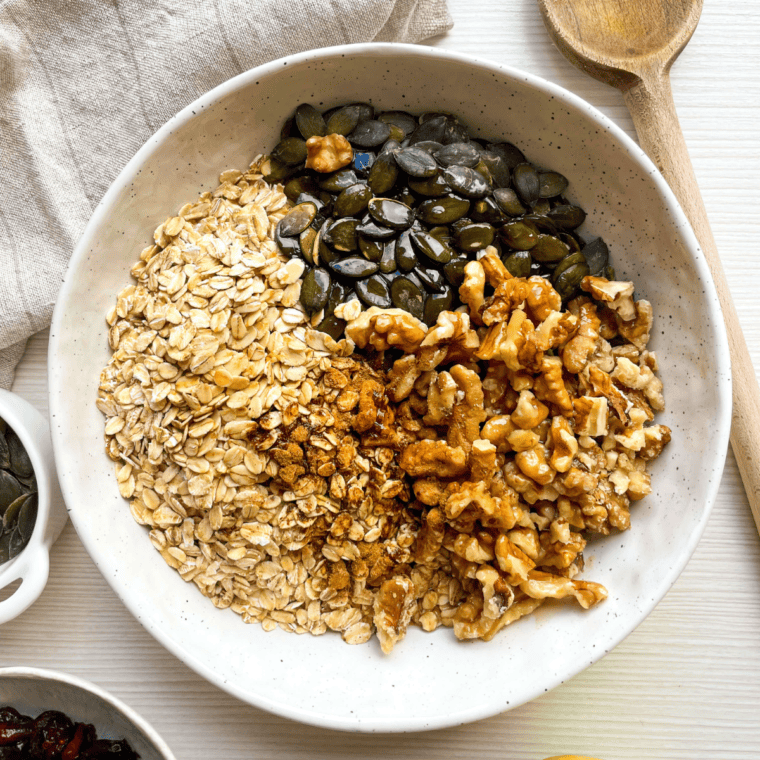 Dry ingredients with wet ingredients in a large bowl 
