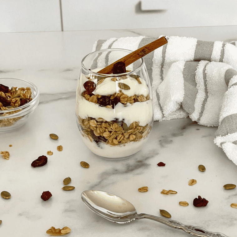 homemade air fryer vanilla granola with golden oats and clusters in bowl