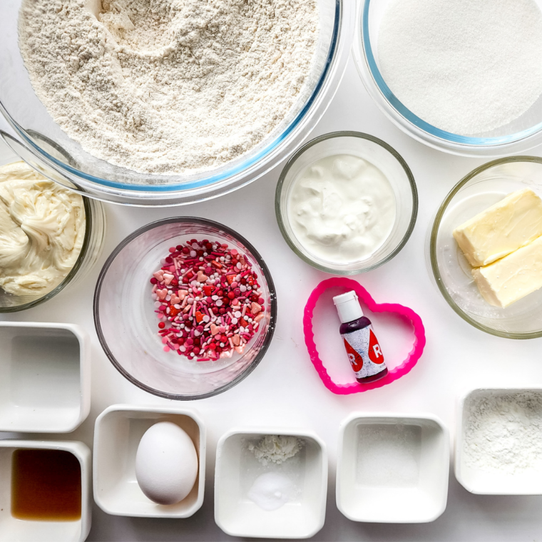 Ingredients needed for Valentine’s Day Lofthouse Cookies on kitchen table.