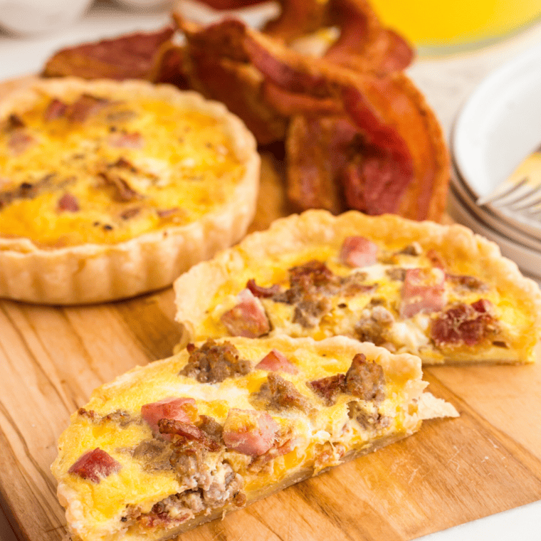 Air Fryer Meat Lover’s Quiche with sausage, bacon, and ham in a crispy golden crust