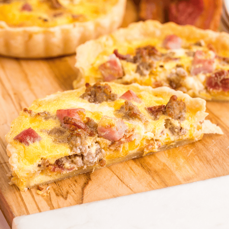 Air Fryer Meat Lover’s Quiche with bacon, sausage, and ham in a golden, flaky crust
