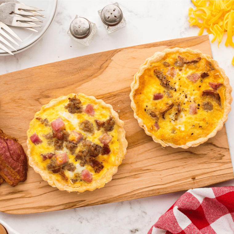 "Air Fryer Meat Lover's Quiche with ham, bacon, sausage, and cheese"