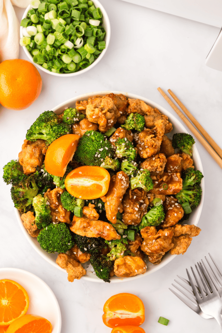 air fryer orange chicken with broccoli and orange sauce glaze