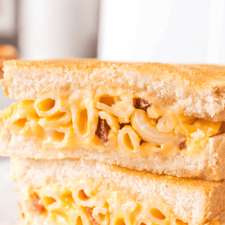 Ultimate indulgent Air Fryer Mac & Cheese Grilled Cheese with melted cheese"