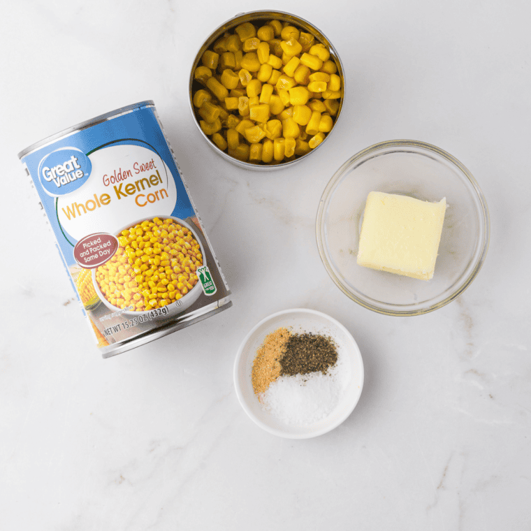 Ingredients Needed For Air Fryer Canned Corn on kitchen table.