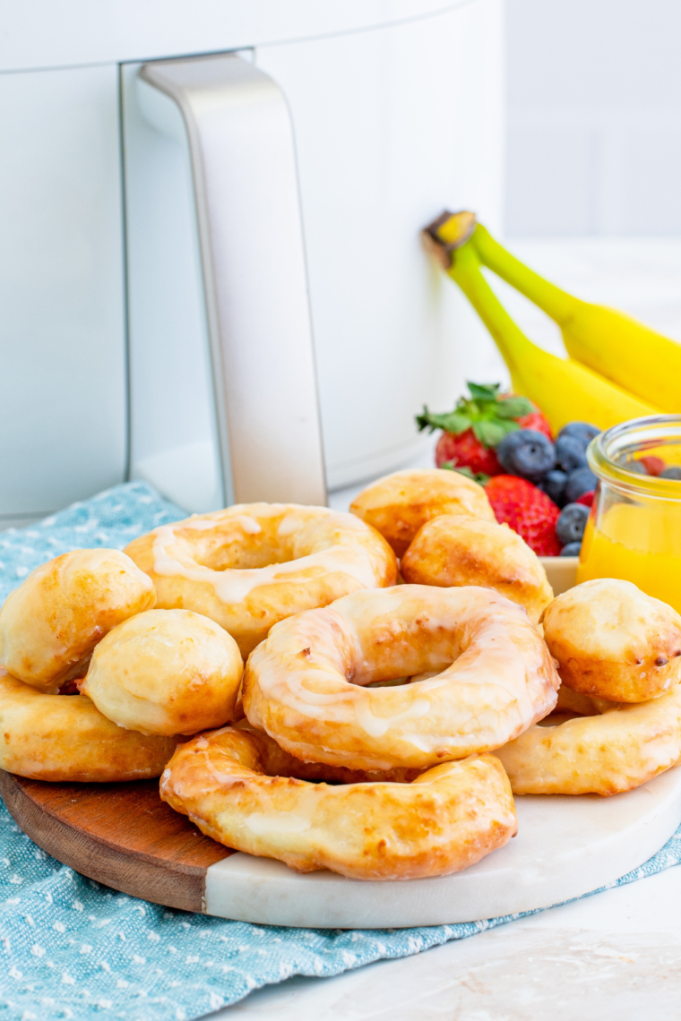 Freshly air-fried copycat Krispy Kreme donuts with sugar glaze