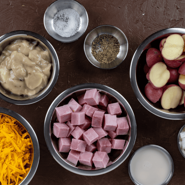Ingredients for air fryer ham and potato casserole: potatoes, ham, cheddar, onion, and cream of mushroom soup