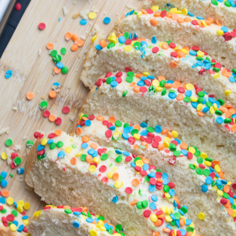 Air fryer two-ingredient ice cream bread, golden-brown loaf sliced and ready to serve