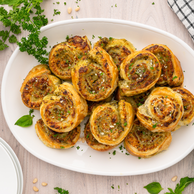 "Golden, crispy Air Fryer Pesto Pinwheels with a savory pesto filling."