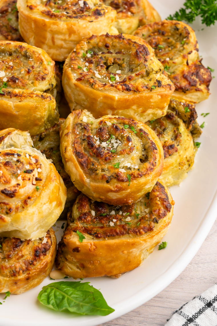 Serving of Air Fryer Pesto Pinwheels, crisped to perfection in the air fryer."