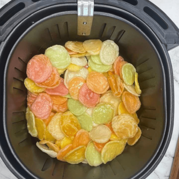 Golden, crispy Air Fryer Prawn Crackers in a single layer