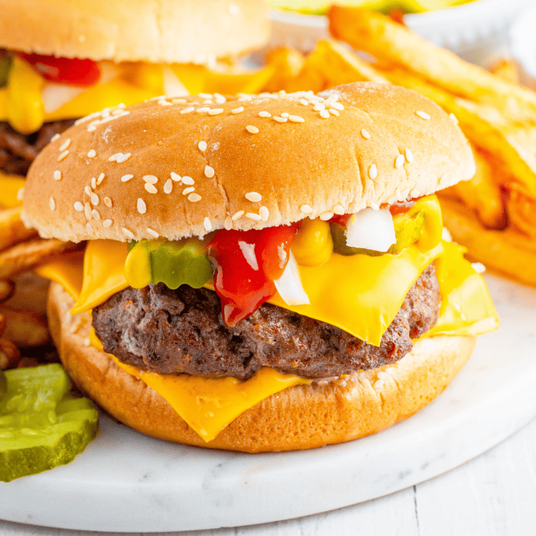 Close up of Quarter Pounder Burger with toppings and French Fries on side