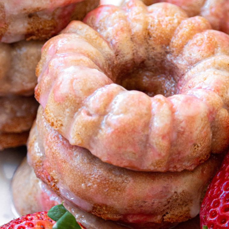 Close-up of a glazed air fryer strawberry donut with fresh strawberries