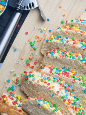Air fryer two-ingredient ice cream bread, golden-brown loaf sliced and ready to serve