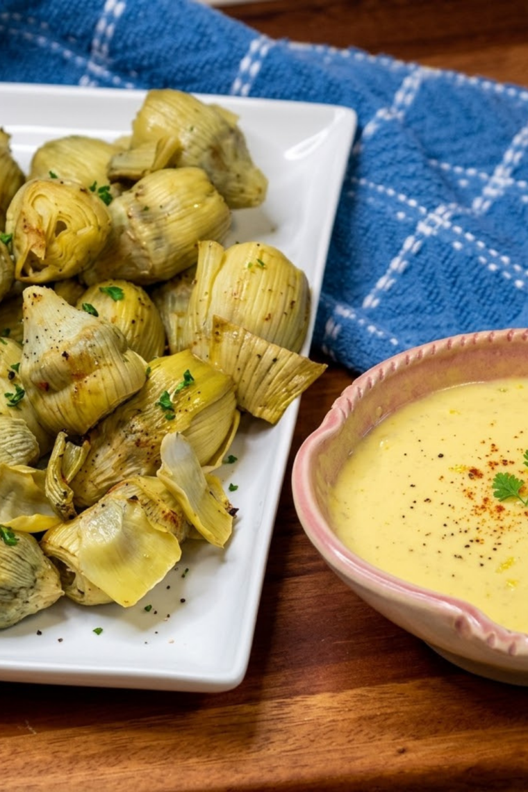 Plate of crispy canned artichoke hearts air fryer recipe.
