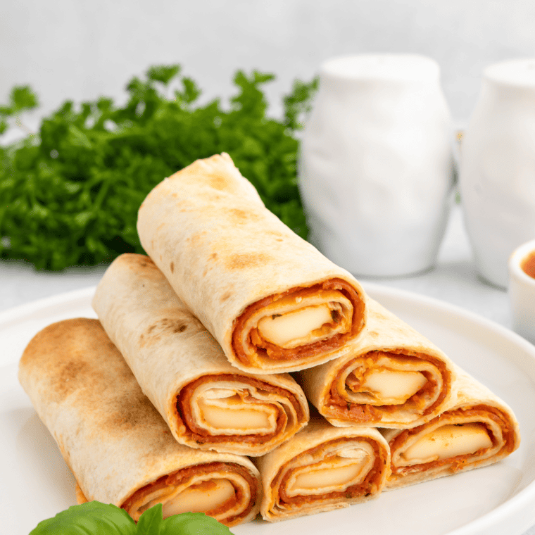Delicious Air Fryer Pizza Roll Ups with a crispy golden crust, filled with melted cheese and pepperoni, served on a rustic wooden table.