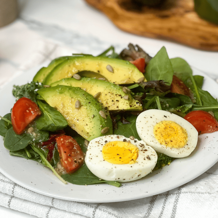 Air fryer baked eggs with creamy yolks and tender whites cooked in ramekin for fast keto-friendly breakfast idea