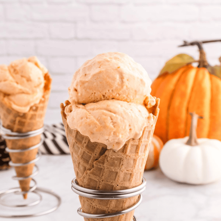 A bowl of creamy Ninja Creami pumpkin ice cream topped with a dusting of pumpkin spice