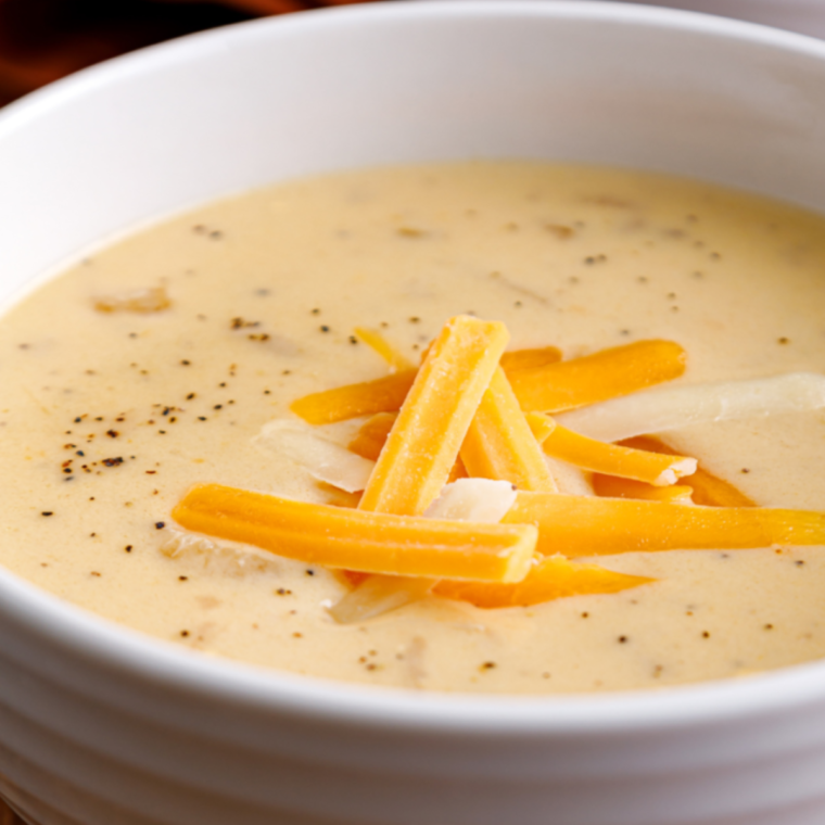 Creamy Outback Steakhouse Walkabout Soup served in a bowl, garnished with shredded cheese and herbs.