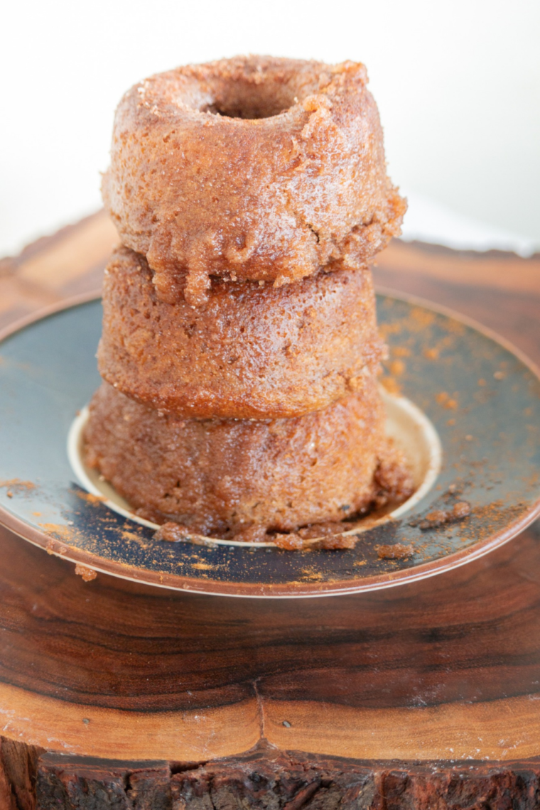 Finished Air Fryer Churro Donuts served warm on a plate with cinnamon-sugar coating