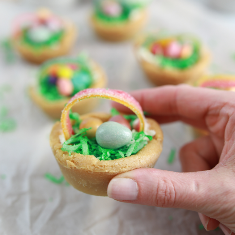 Close up of Air Fryer Easter Basket Cookie Cups.