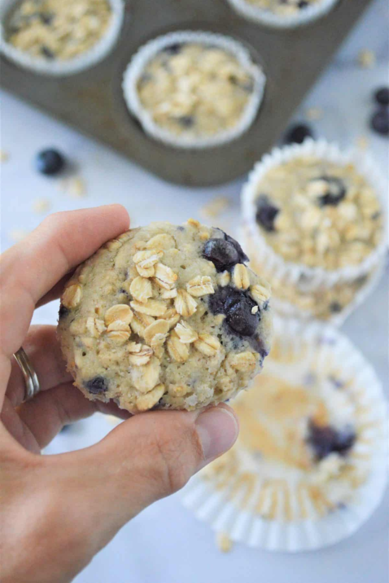 Banana blueberry oatmeal muffins made in the air fryer, golden and fluffy
