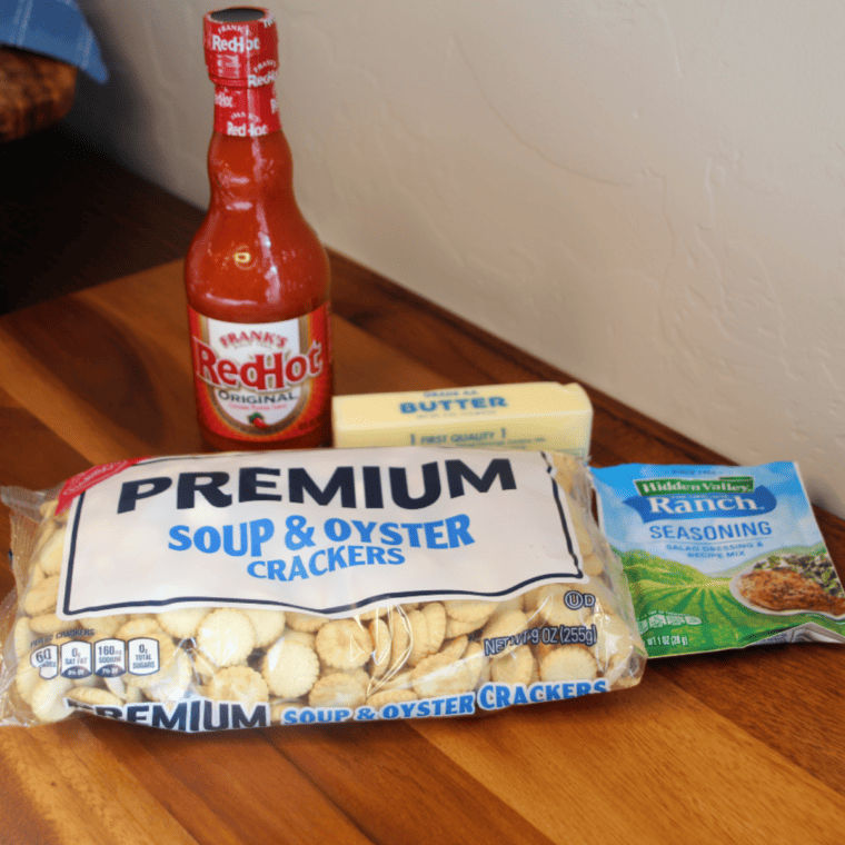 Ingredients Needed For Air Fryer Buffalo Oyster Crackers on kitchen table.