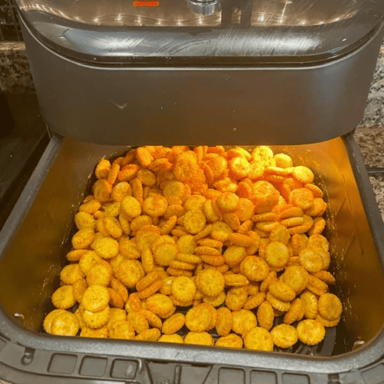 Golden, crispy Air Fryer Buffalo Oyster Crackers coated in buffalo seasoning