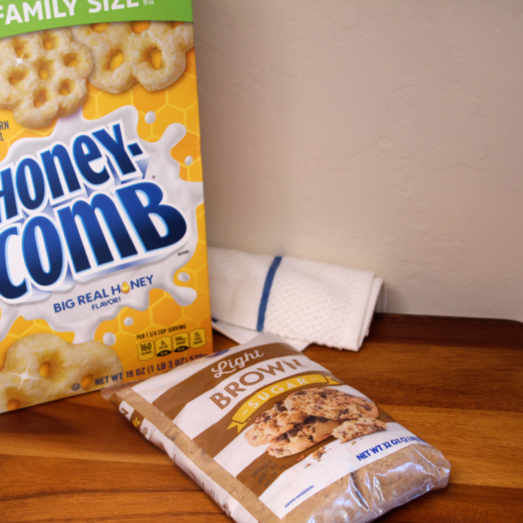 Ingredients for Air Fryer Churro Honeycomb Snack Mix: honeycomb cereal, butter, cinnamon, brown sugar, and vanilla