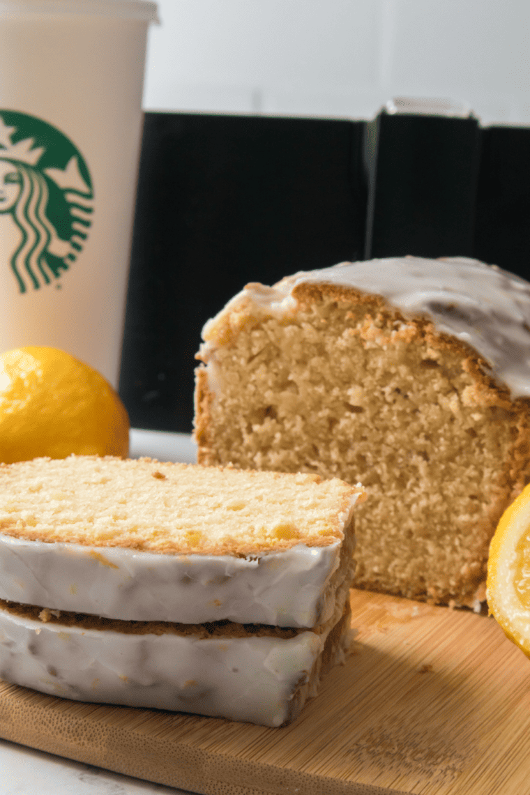 Air fryer copycat Starbucks iced lemon loaf with lemon glaze on a plate